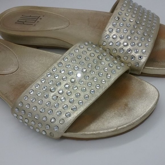 Pelle Moda Gold Leather Rhinestone Slides - Picture 10 of 12